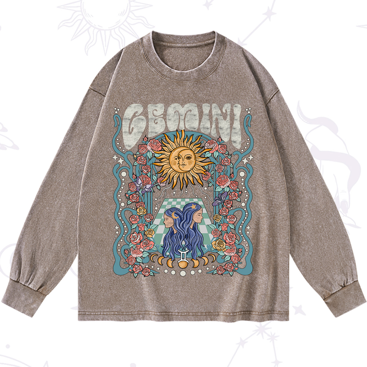 Purplehecate Gemini Spirit Zodiac Washed Long Sleeve Shirt