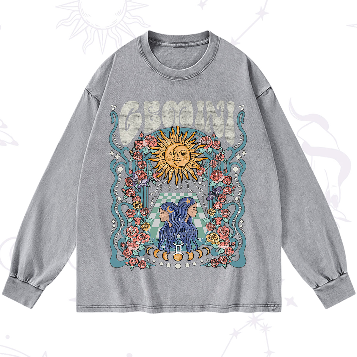 Purplehecate Gemini Spirit Zodiac Washed Long Sleeve Shirt