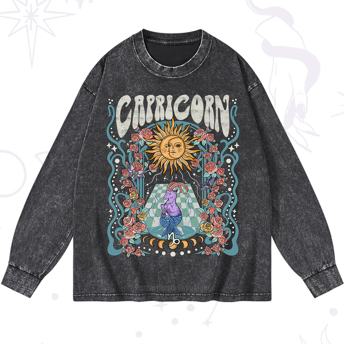 Purplehecate Capricorn Spirit Zodiac Washed Long Sleeve Shirt