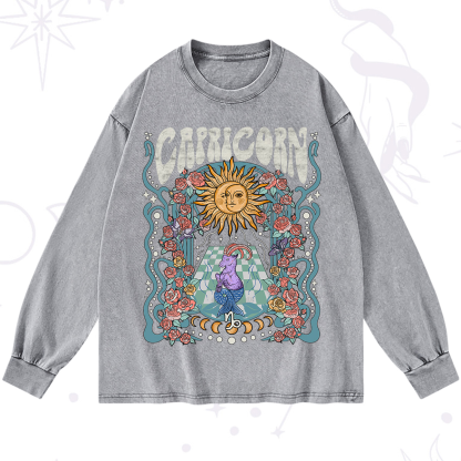 Purplehecate Capricorn Spirit Zodiac Washed Long Sleeve Shirt