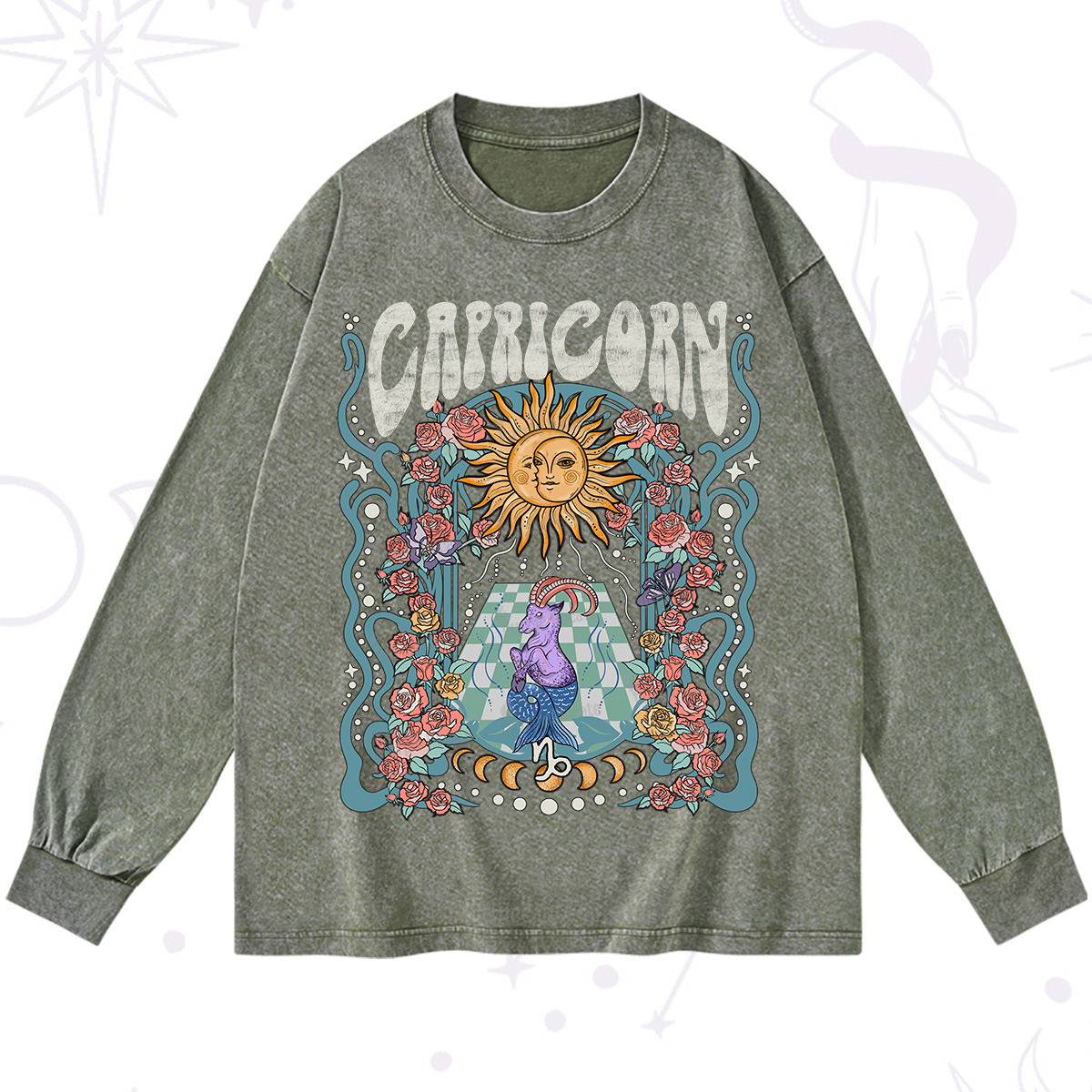 Purplehecate Capricorn Spirit Zodiac Washed Long Sleeve Shirt