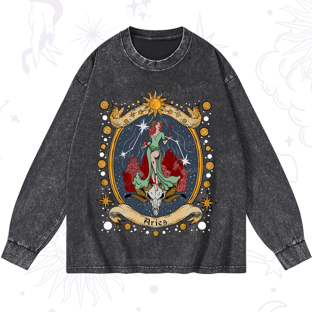 Purplehecate Celestial Aries Zodiac Washed Long Sleeve Shirt