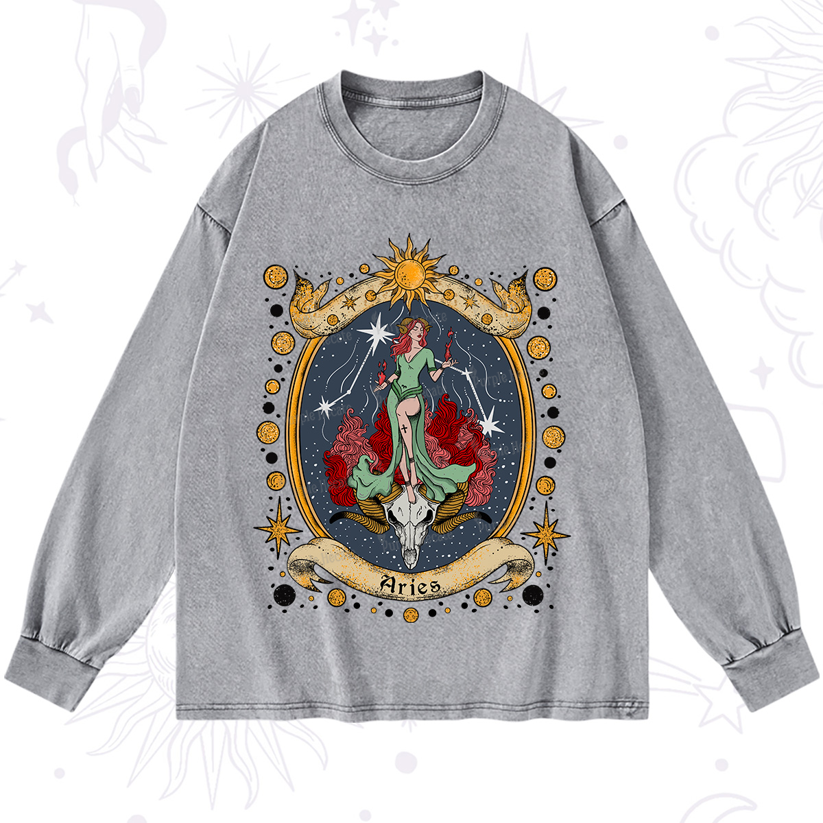 Purplehecate Celestial Aries Zodiac Washed Long Sleeve Shirt