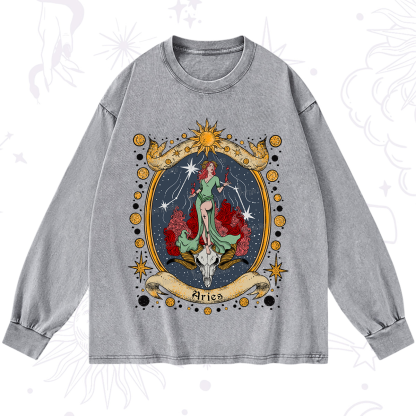 Purplehecate Celestial Aries Zodiac Washed Long Sleeve Shirt