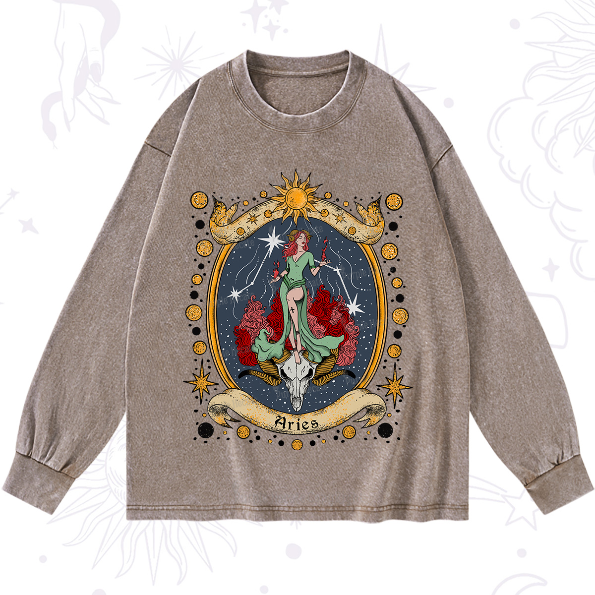 Purplehecate Celestial Aries Zodiac Washed Long Sleeve Shirt