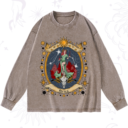 Purplehecate Celestial Aries Zodiac Washed Long Sleeve Shirt