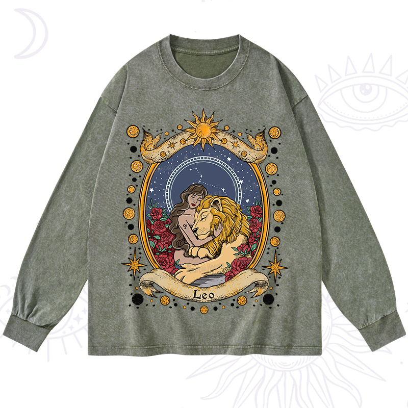 Purplehecate Celestial Leo Zodiac Washed Long Sleeve Shirt