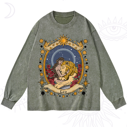 Purplehecate Celestial Leo Zodiac Washed Long Sleeve Shirt