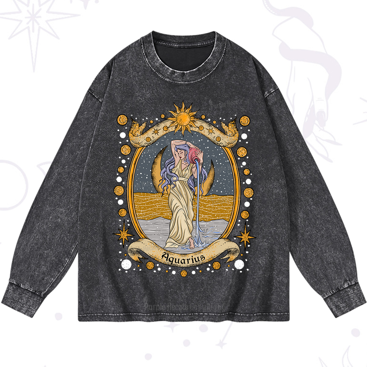 Purplehecate Celestial Aquarius Zodiac Washed Long Sleeve Shirt