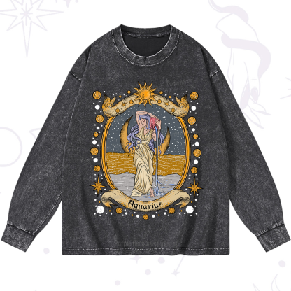 Purplehecate Celestial Aquarius Zodiac Washed Long Sleeve Shirt