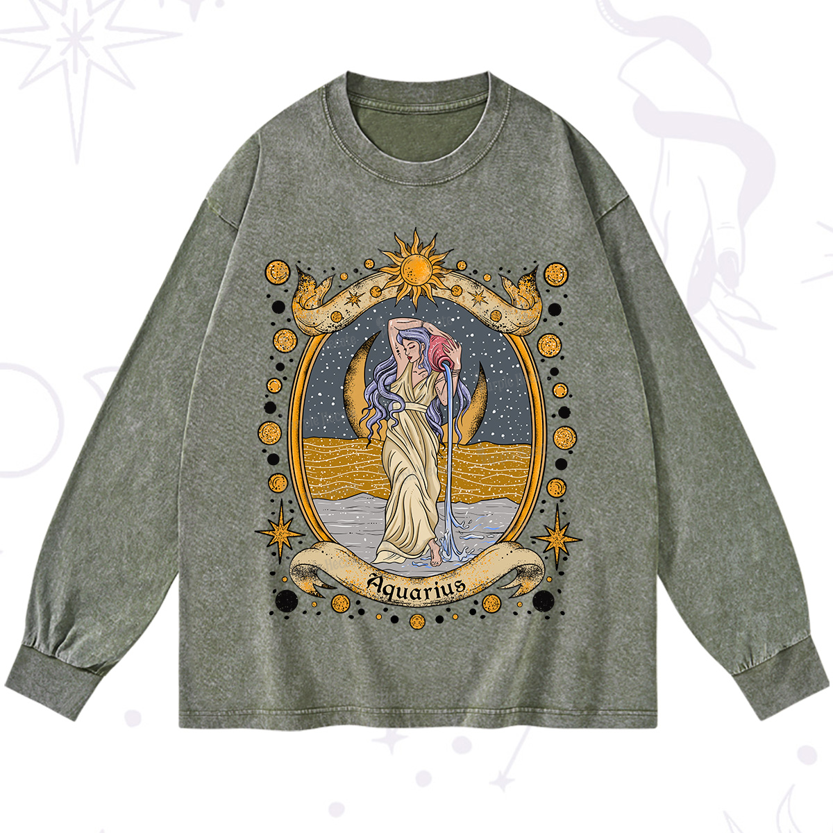 Purplehecate Celestial Aquarius Zodiac Washed Long Sleeve Shirt