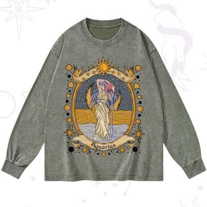 Purplehecate Celestial Aquarius Zodiac Washed Long Sleeve Shirt