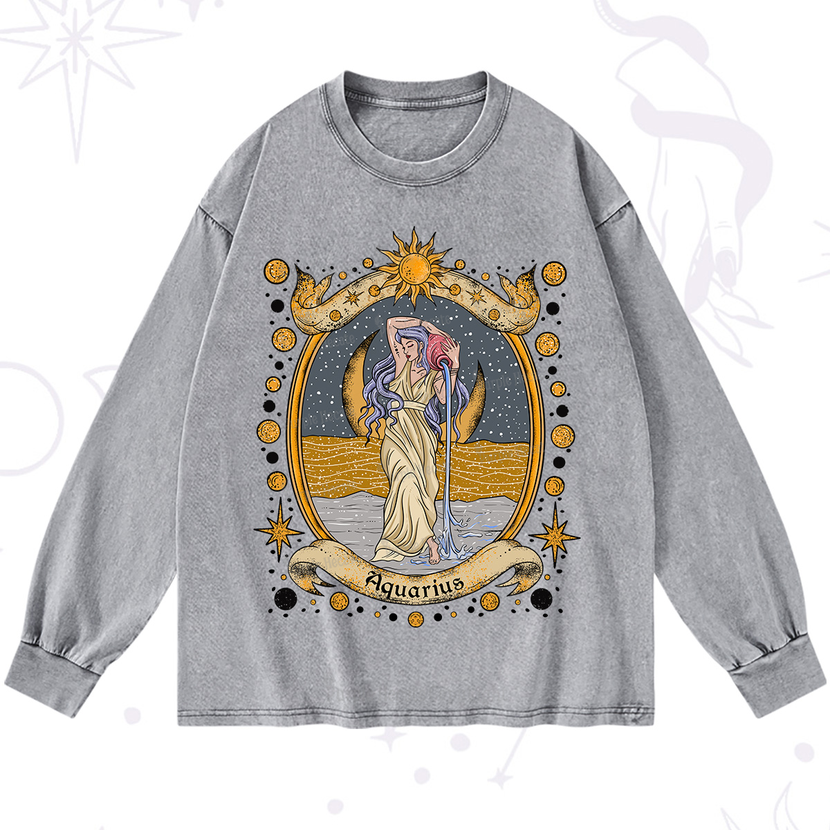 Purplehecate Celestial Aquarius Zodiac Washed Long Sleeve Shirt