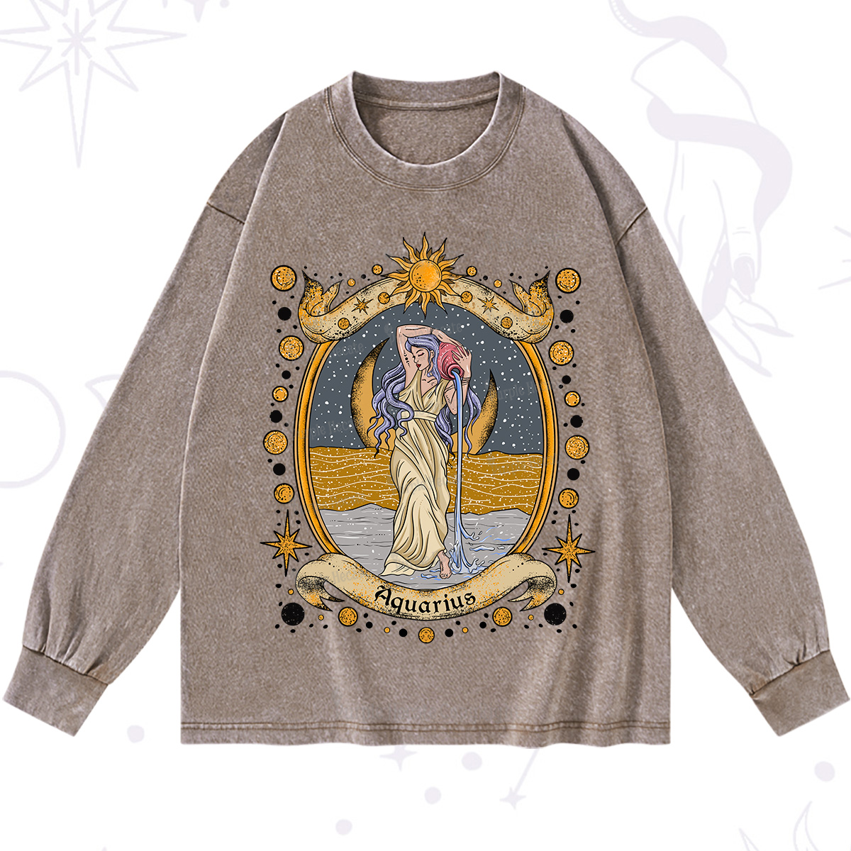 Purplehecate Celestial Aquarius Zodiac Washed Long Sleeve Shirt