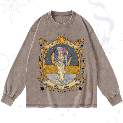 Purplehecate Celestial Aquarius Zodiac Washed Long Sleeve Shirt