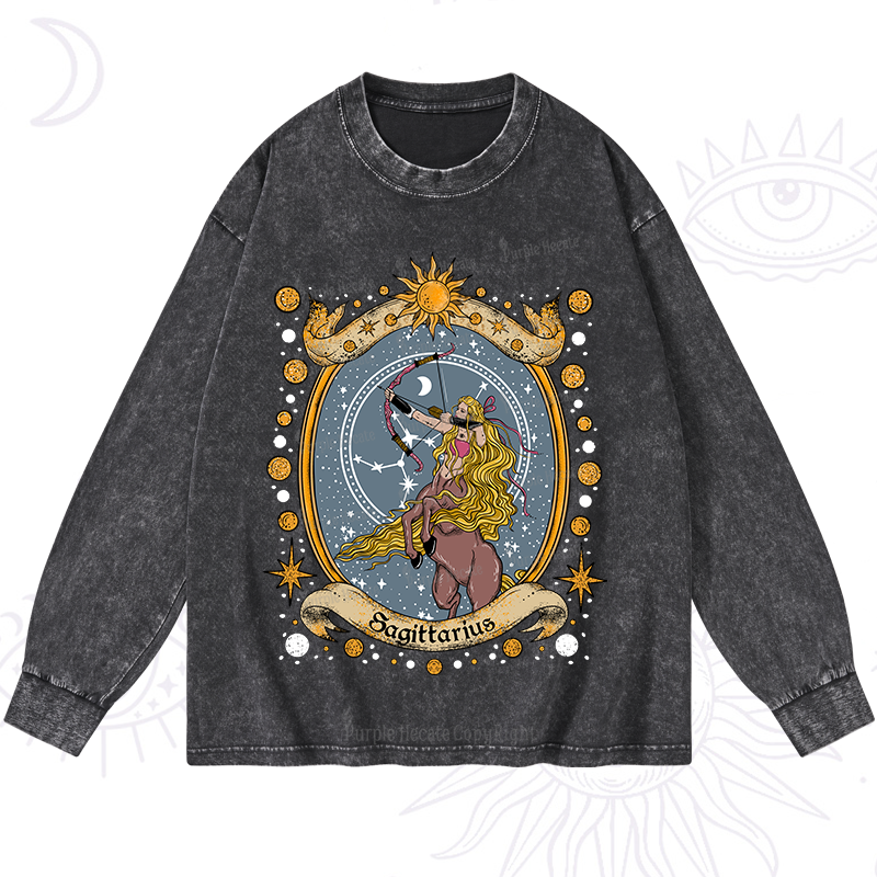 Purplehecate Celestial Sagittarius Zodiac Washed Long Sleeve Shirt