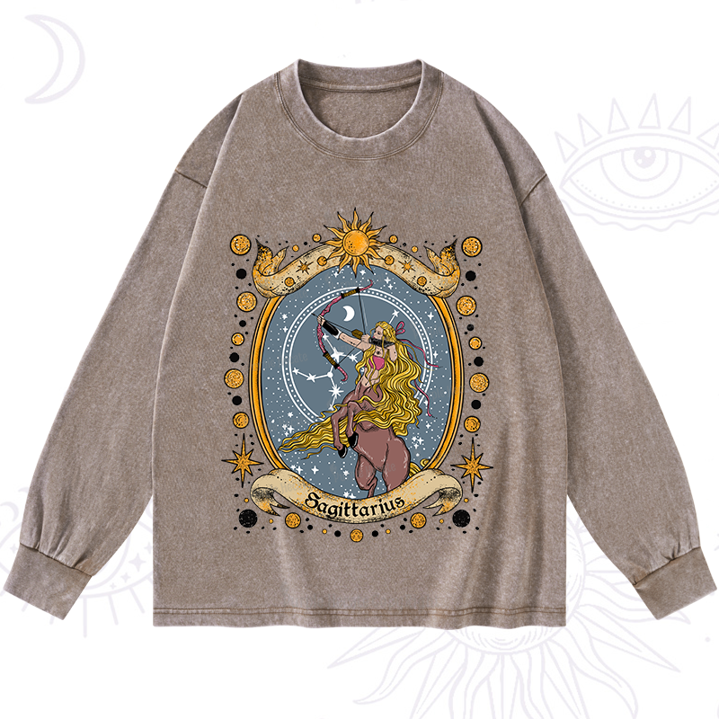 Purplehecate Celestial Sagittarius Zodiac Washed Long Sleeve Shirt