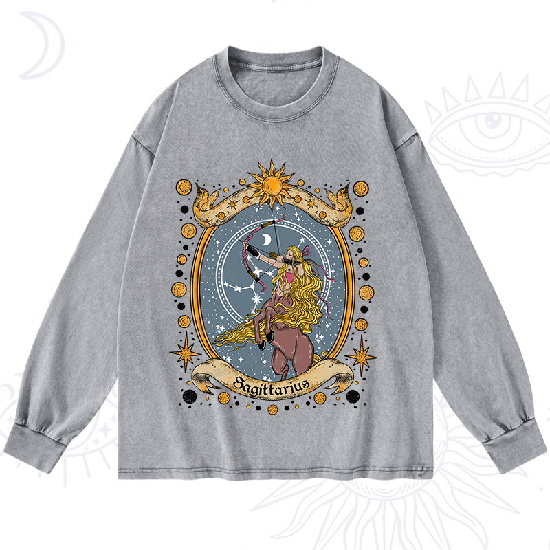 Purplehecate Celestial Sagittarius Zodiac Washed Long Sleeve Shirt