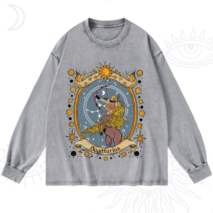 Purplehecate Celestial Sagittarius Zodiac Washed Long Sleeve Shirt