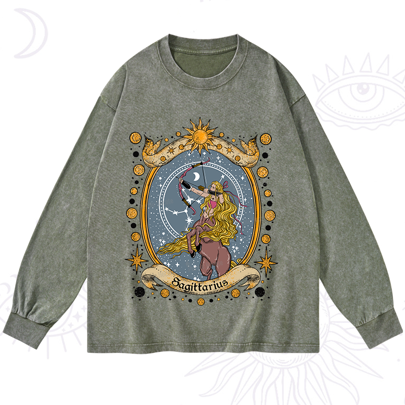 Purplehecate Celestial Sagittarius Zodiac Washed Long Sleeve Shirt