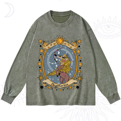 Purplehecate Celestial Sagittarius Zodiac Washed Long Sleeve Shirt