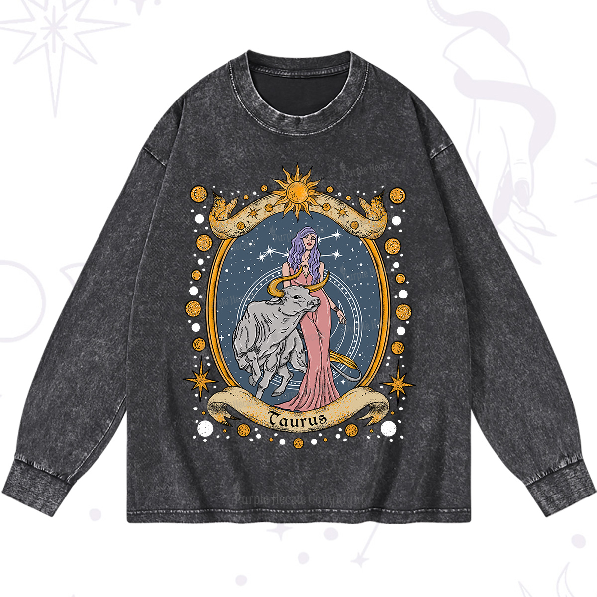 Purplehecate Celestial Taurus Zodiac Washed Long Sleeve Shirt