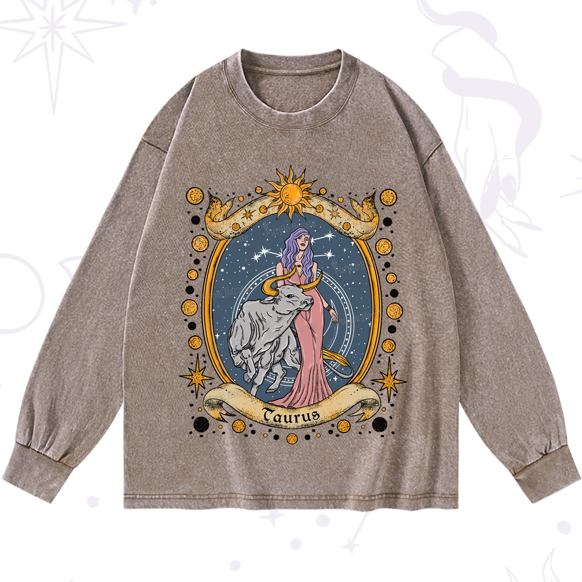 Purplehecate Celestial Taurus Zodiac Washed Long Sleeve Shirt