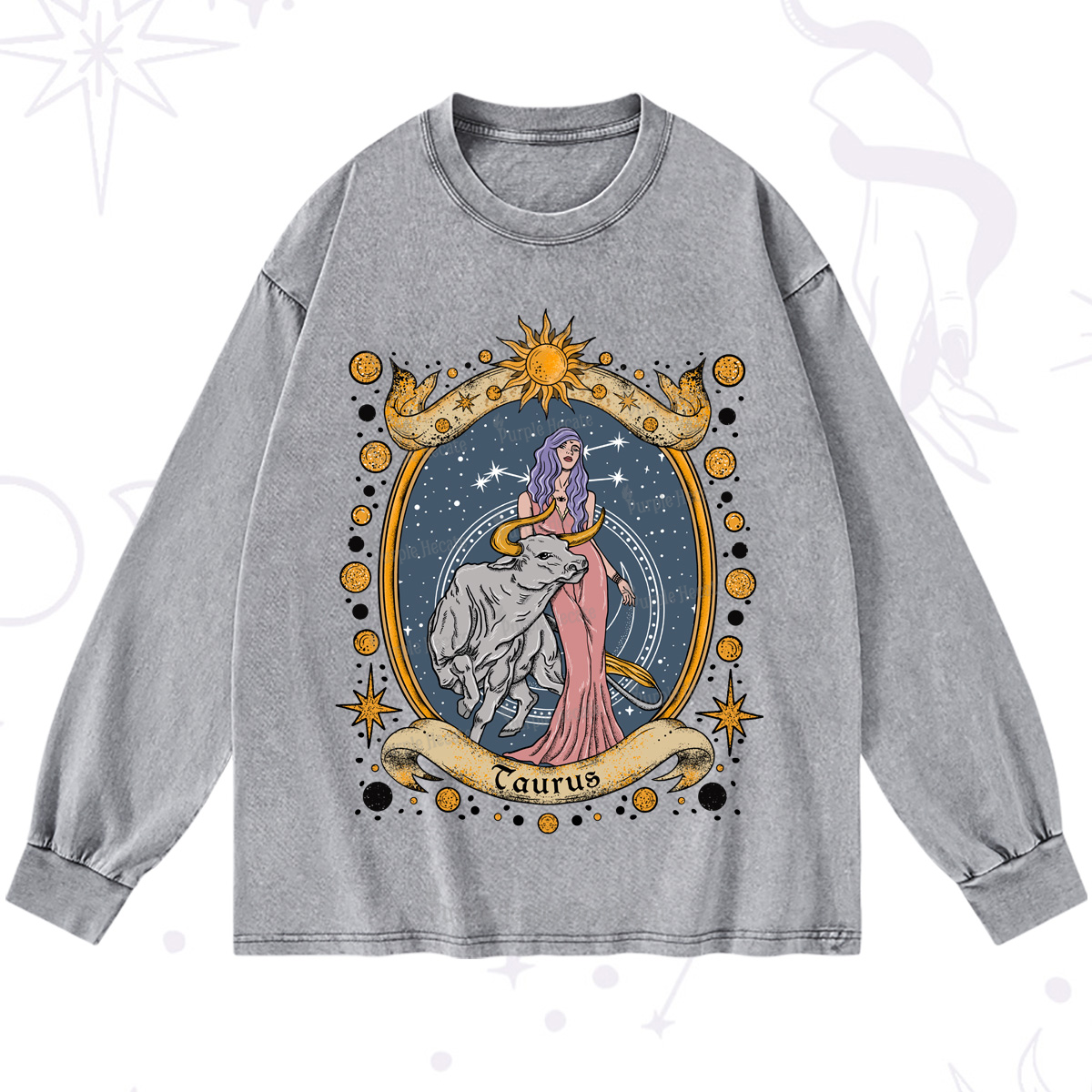 Purplehecate Celestial Taurus Zodiac Washed Long Sleeve Shirt