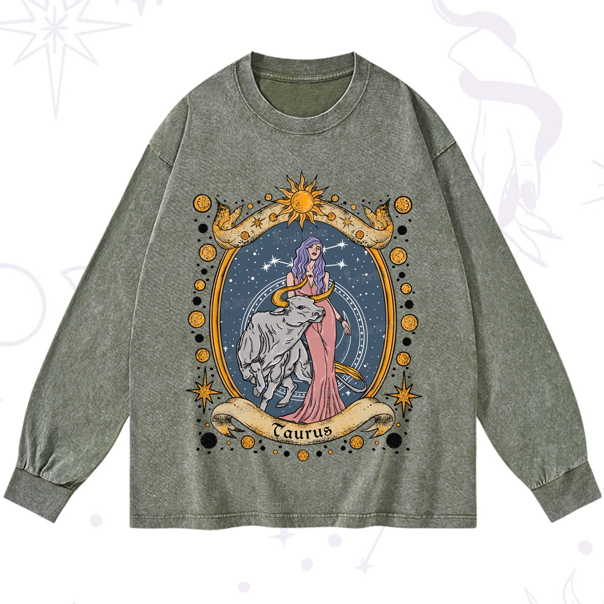 Purplehecate Celestial Taurus Zodiac Washed Long Sleeve Shirt