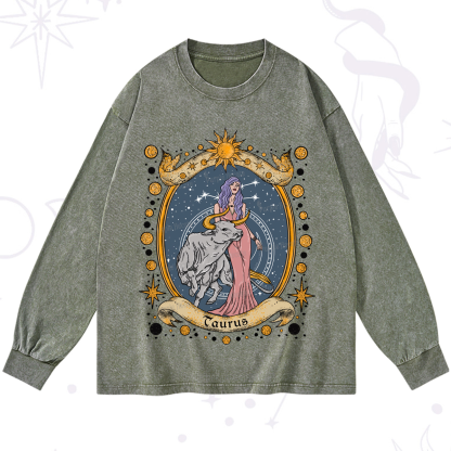 Purplehecate Celestial Taurus Zodiac Washed Long Sleeve Shirt