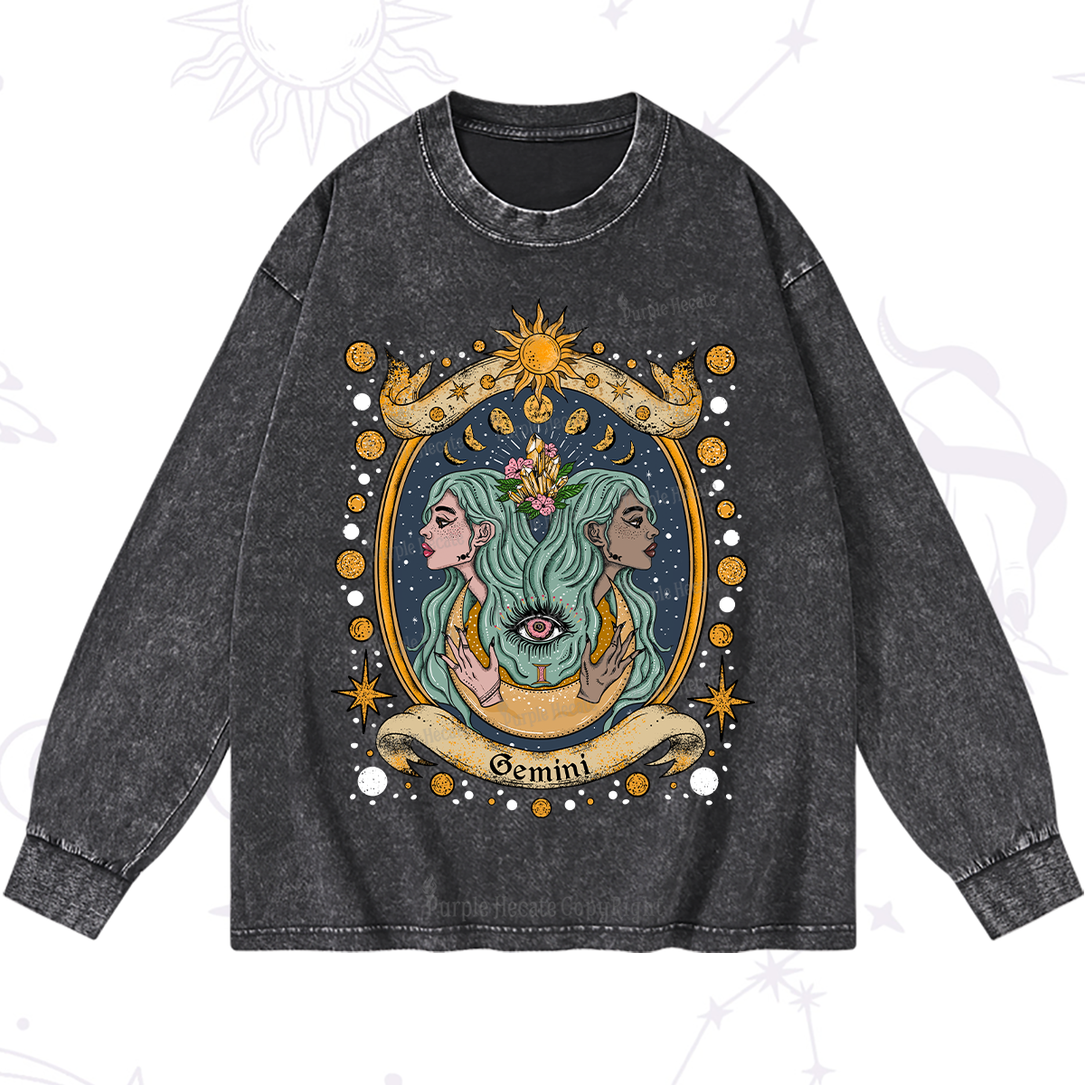 Purplehecate Celestial Gemini Zodiac Washed Long Sleeve Shirt