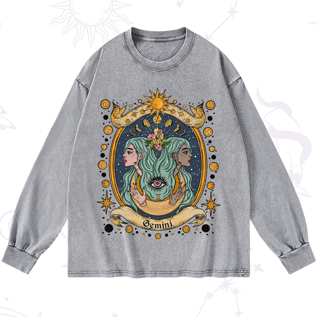 Purplehecate Celestial Gemini Zodiac Washed Long Sleeve Shirt