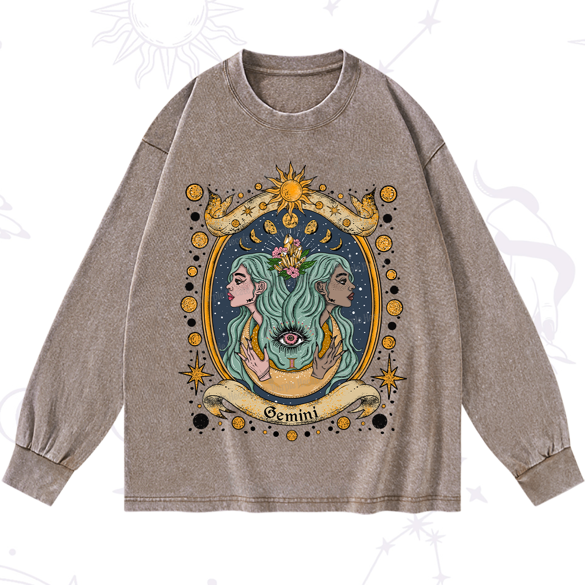 Purplehecate Celestial Gemini Zodiac Washed Long Sleeve Shirt