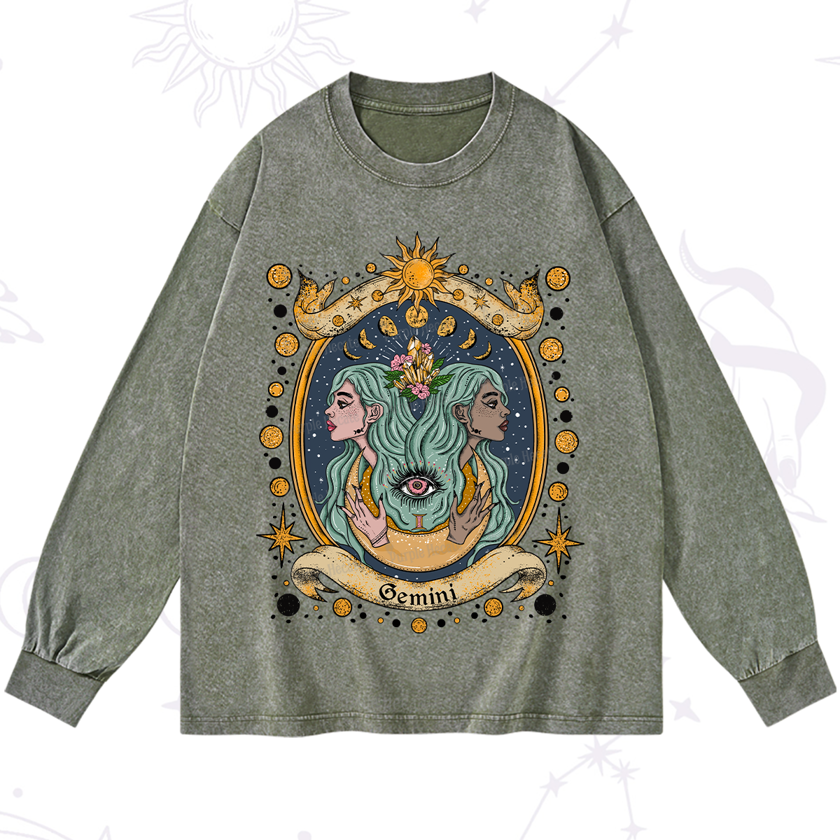 Purplehecate Celestial Gemini Zodiac Washed Long Sleeve Shirt