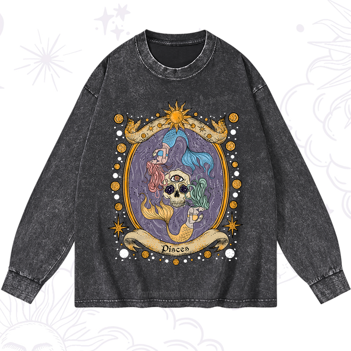 Purplehecate Celestial Pisces Zodiac Washed Long Sleeve Shirt