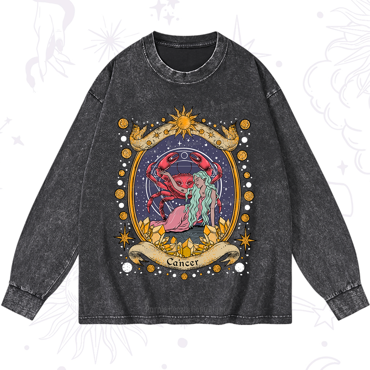 Purplehecate Celestial Cancer Zodiac Washed Long Sleeve Shirt