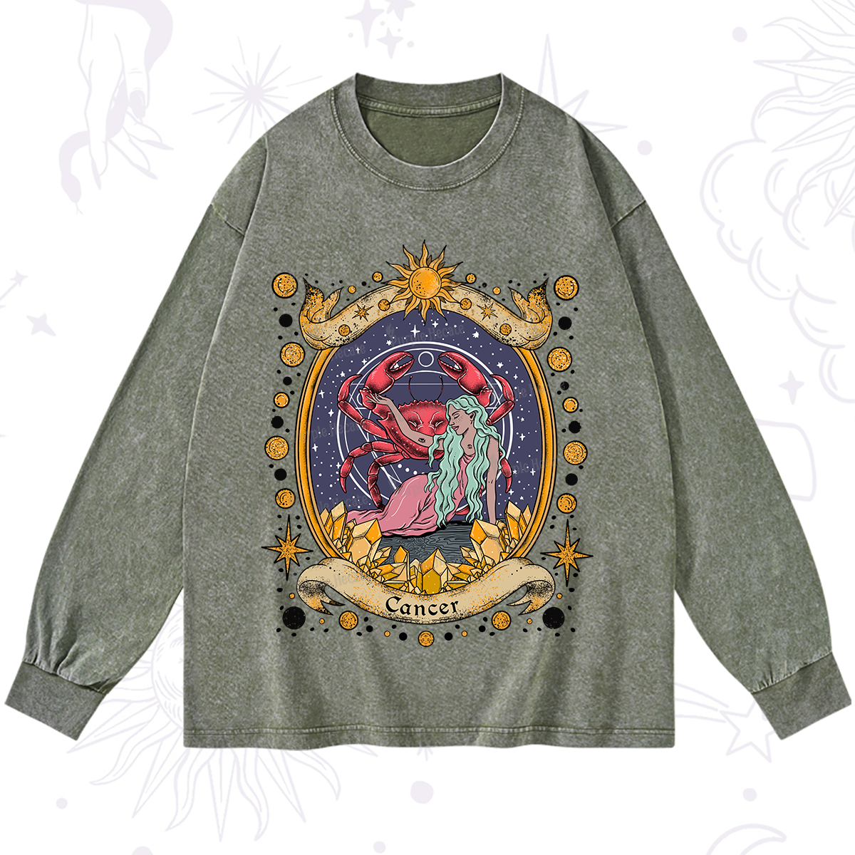Purplehecate Celestial Cancer Zodiac Washed Long Sleeve Shirt