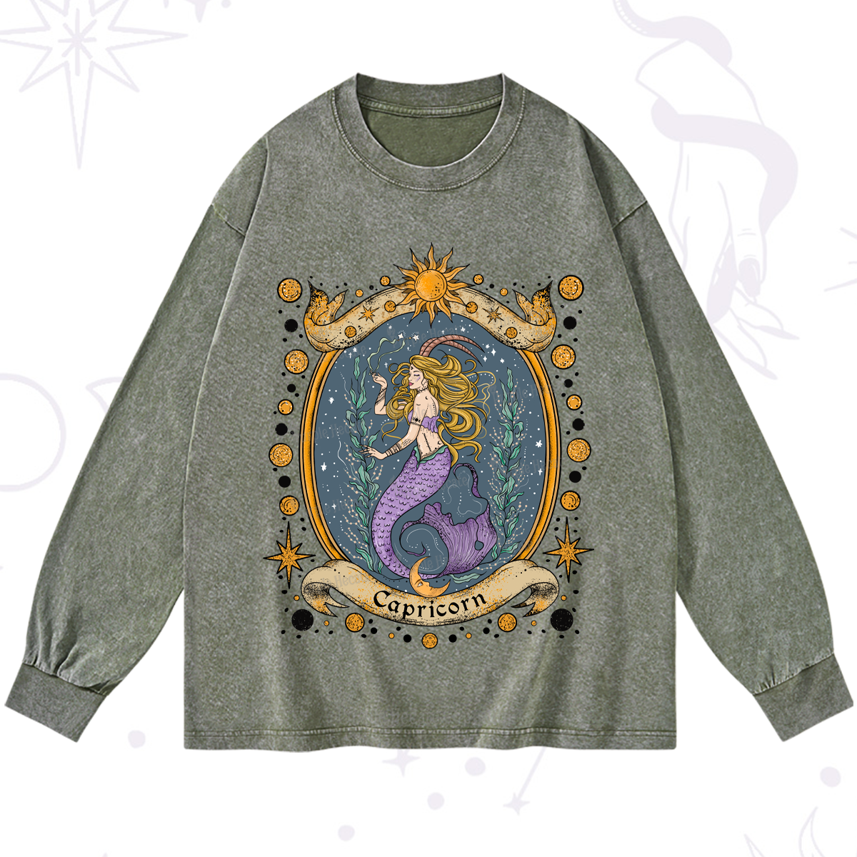 Purplehecate Celestial Capricorn Zodiac Washed Long Sleeve Shirt