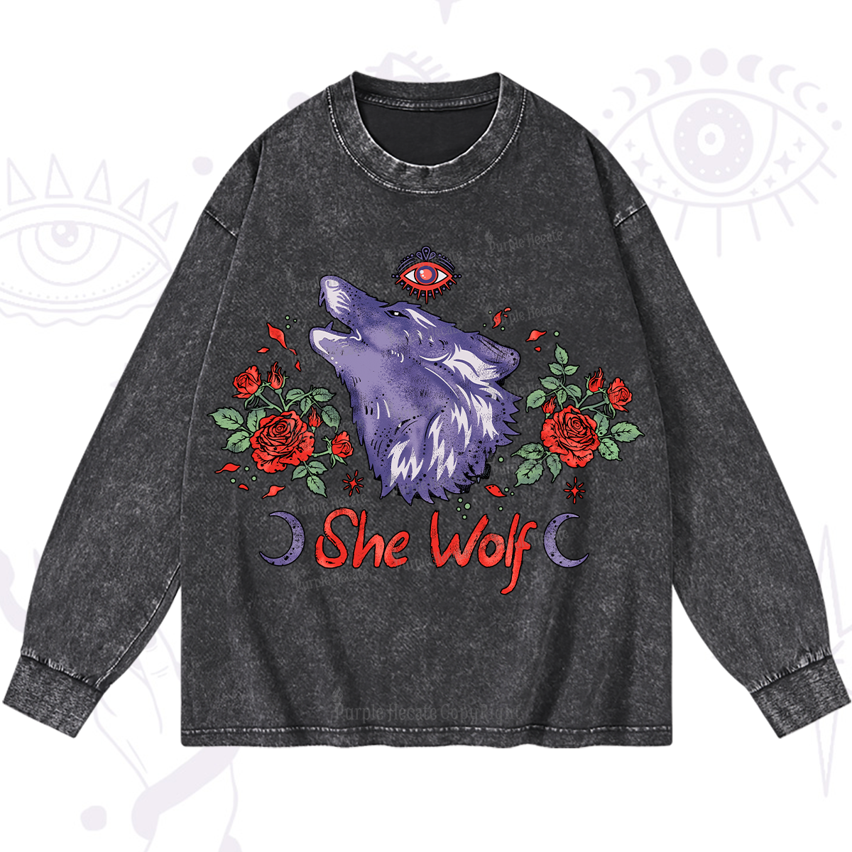 Purplehecate Moon Wolf Washed Long Sleeve Shirt