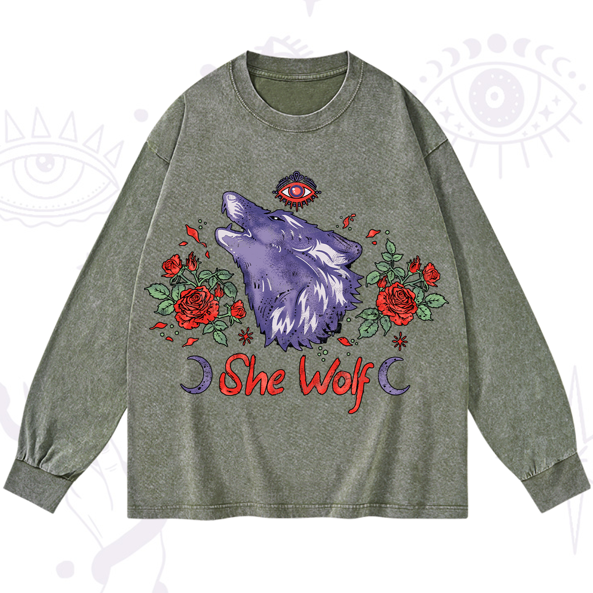 Purplehecate Moon Wolf Washed Long Sleeve Shirt