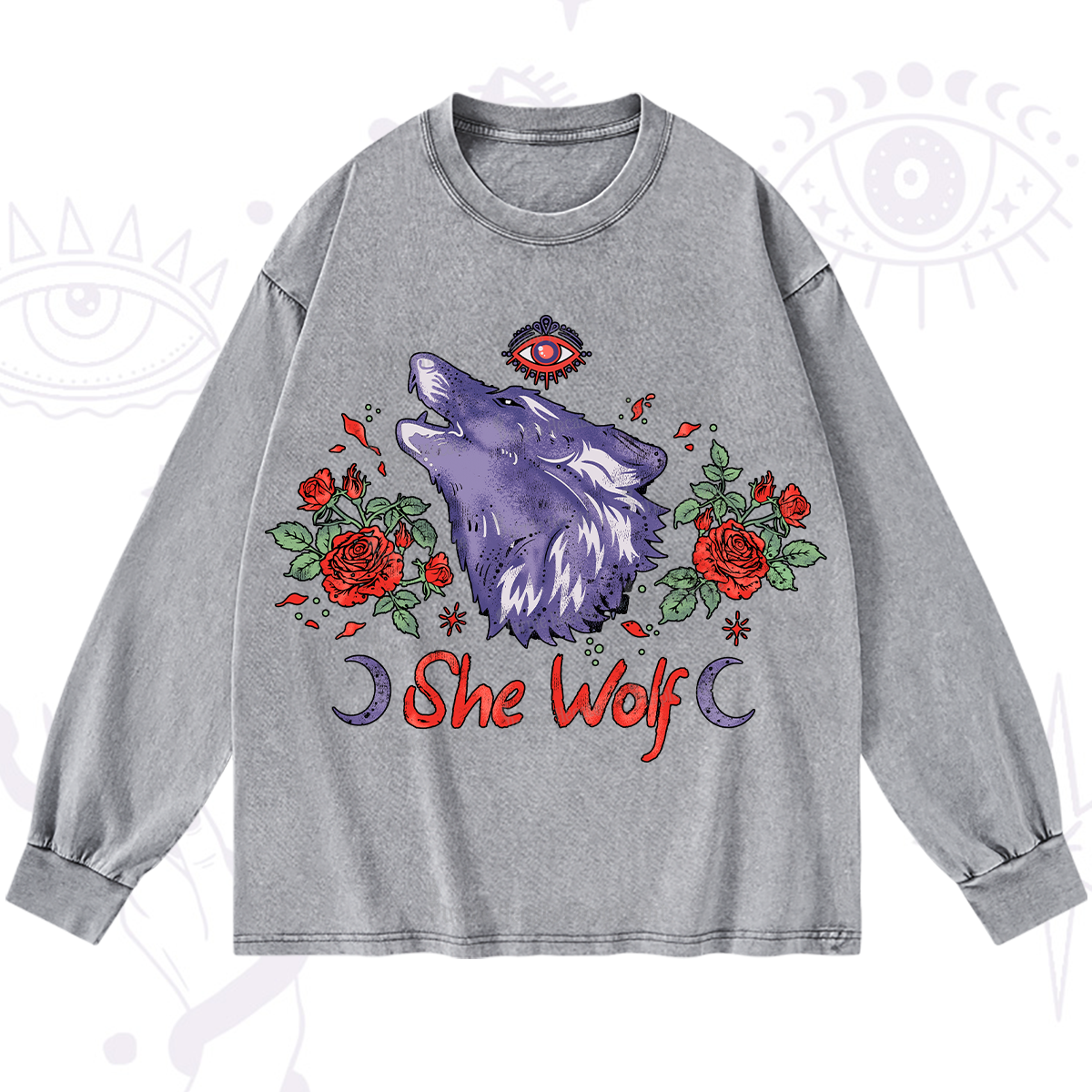 Purplehecate Moon Wolf Washed Long Sleeve Shirt