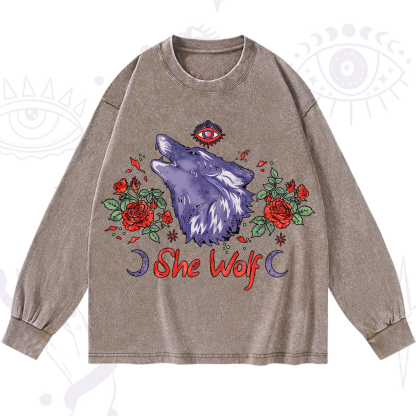 Purplehecate Moon Wolf Washed Long Sleeve Shirt
