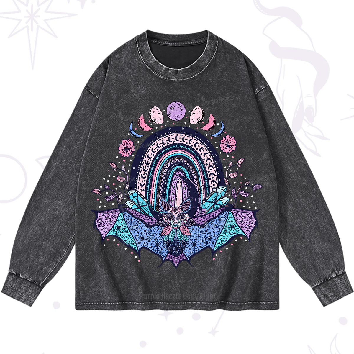 Purplehecate Moon Phase Bat Washed Long Sleeve Shirt