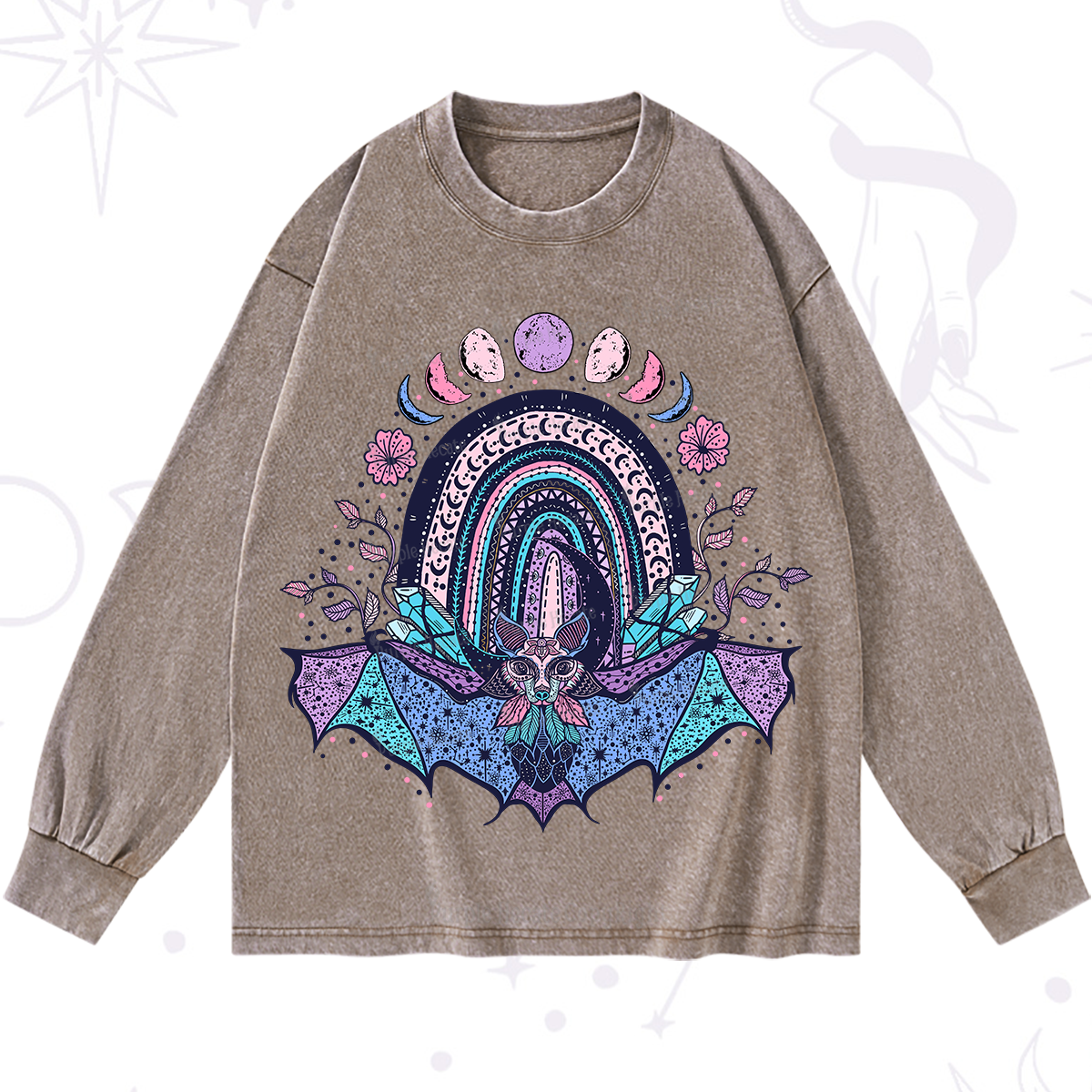 Purplehecate Moon Phase Bat Washed Long Sleeve Shirt