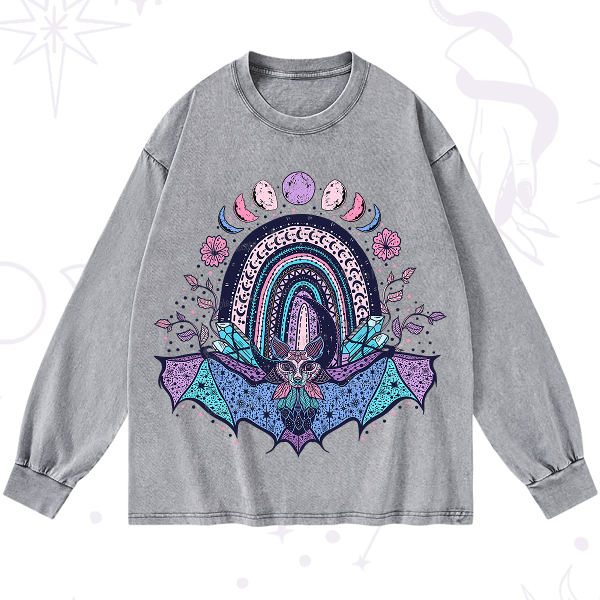 Purplehecate Moon Phase Bat Washed Long Sleeve Shirt