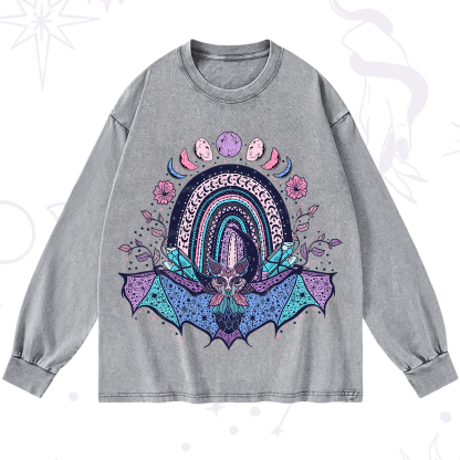 Purplehecate Moon Phase Bat Washed Long Sleeve Shirt