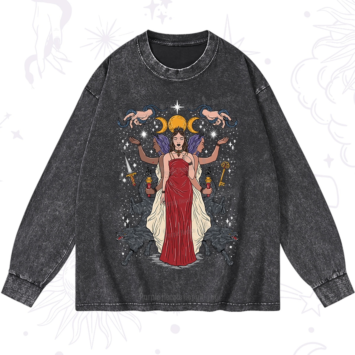 Purplehecate The Triple Goddess Hecate Washed Long Sleeve Shirt