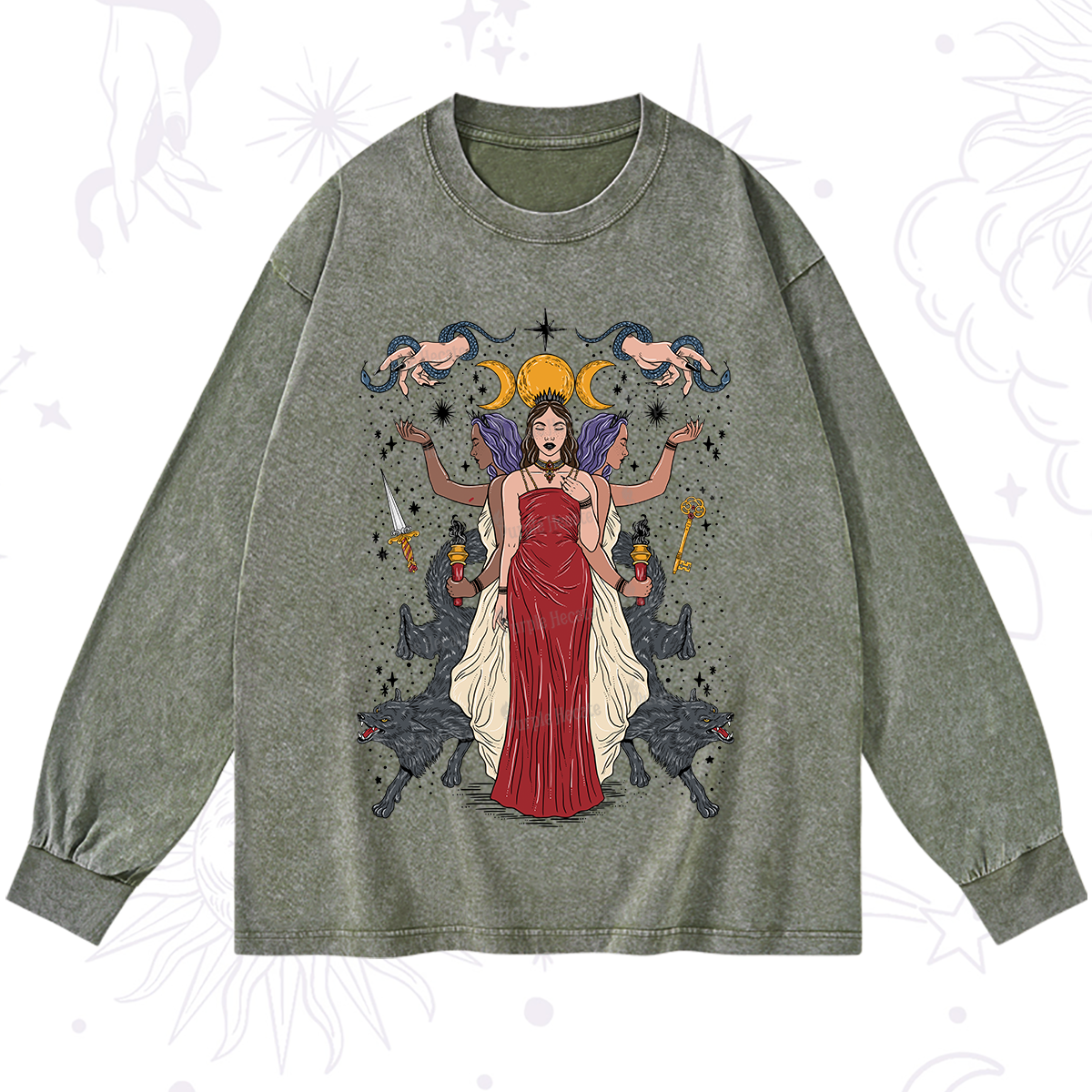 Purplehecate The Triple Goddess Hecate Washed Long Sleeve Shirt