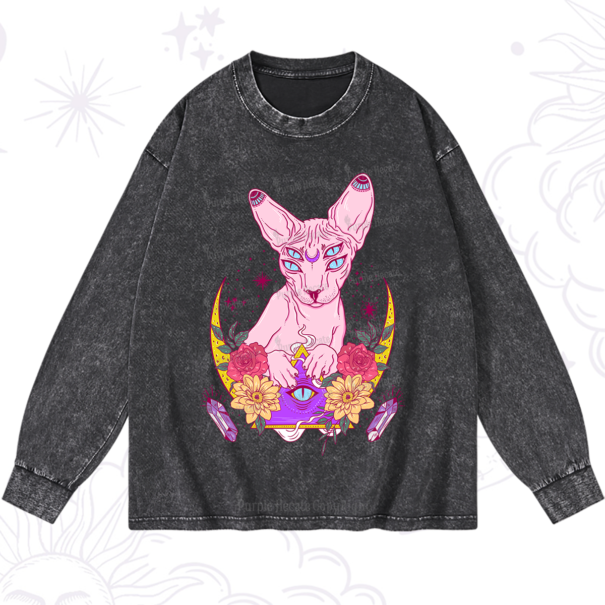 Purplehecate Moon Phase Cat Washed Long Sleeve Shirt