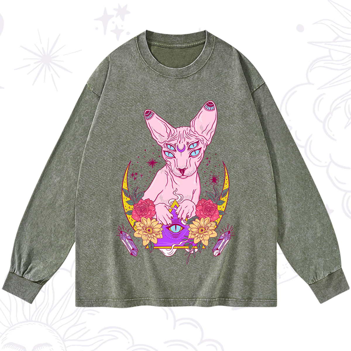 Purplehecate Moon Phase Cat Washed Long Sleeve Shirt